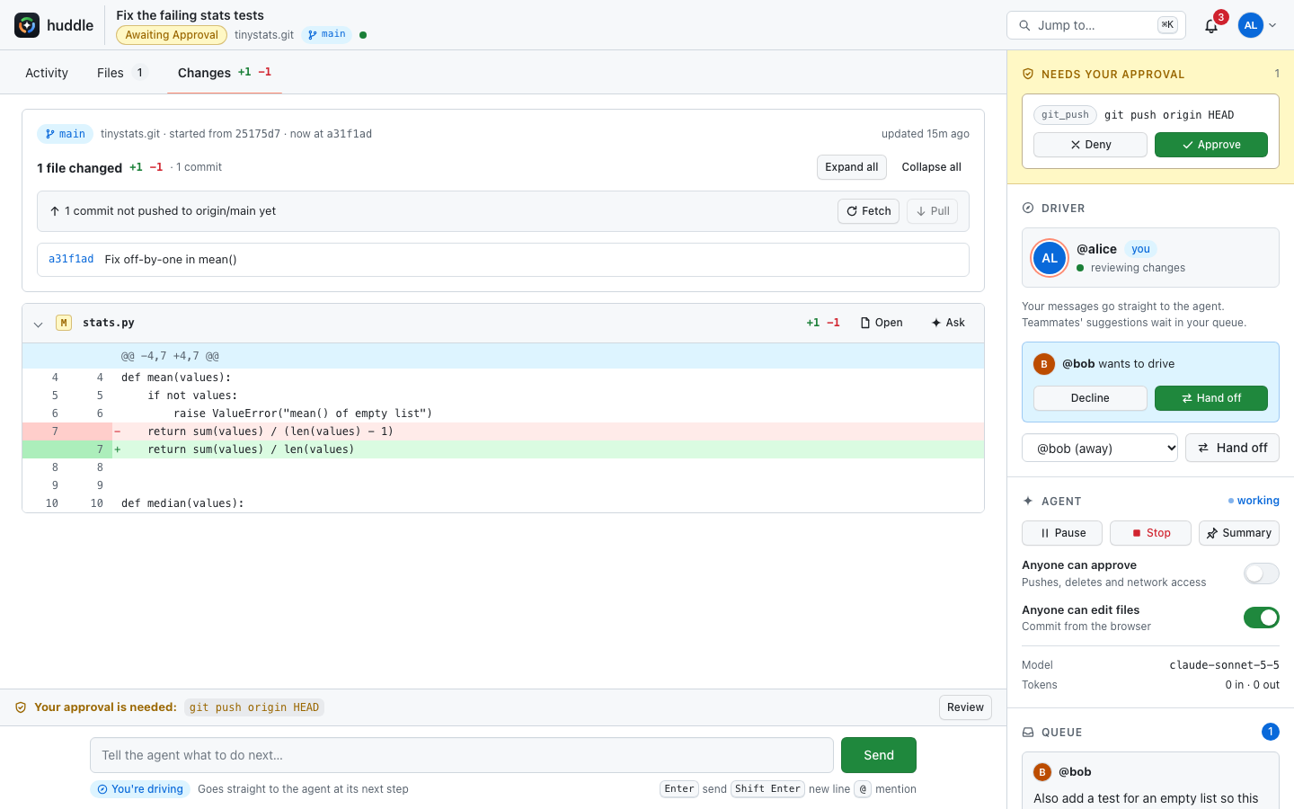 The Changes view with a one-line fix to stats.py and an unpushed commit.